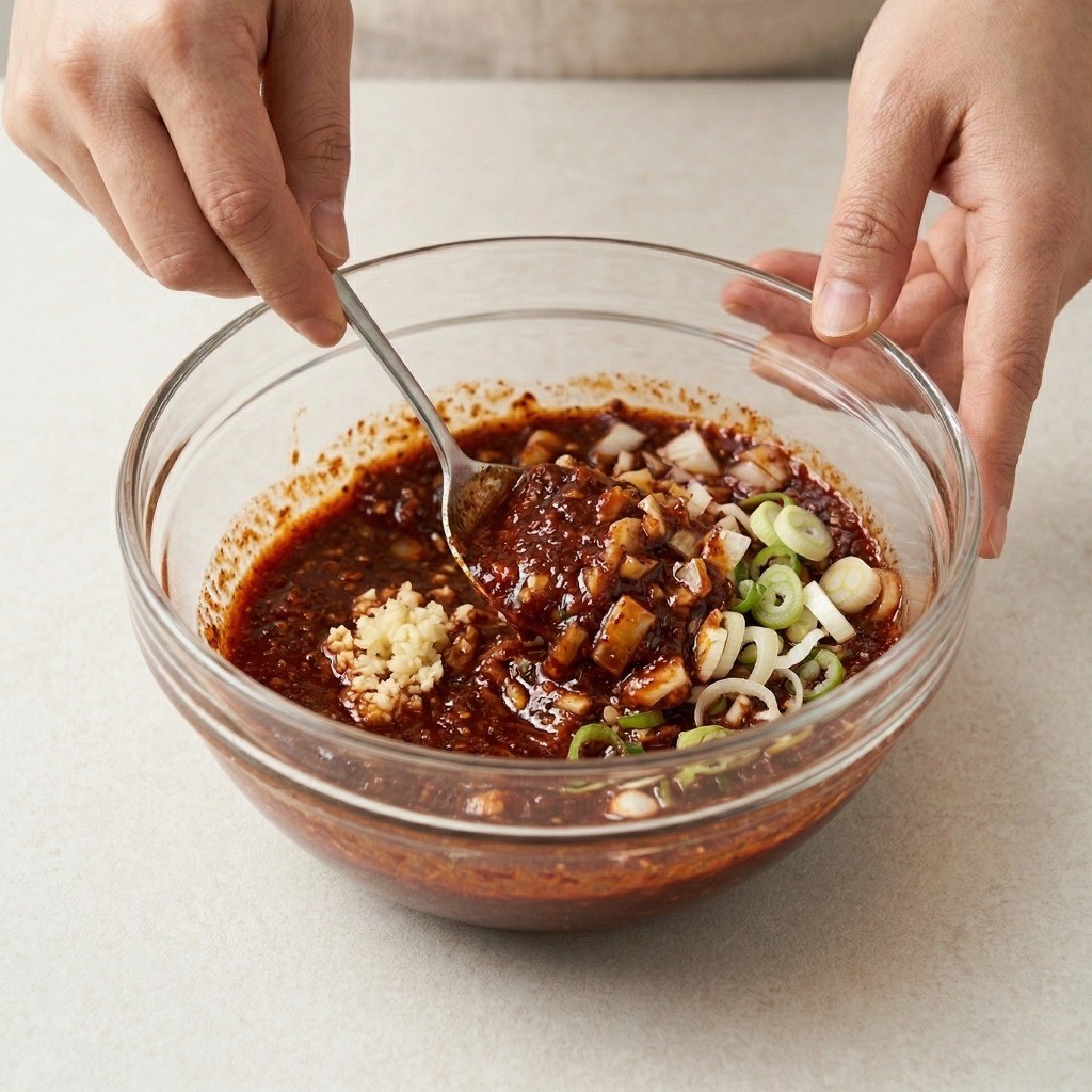 마라 더덕 볶음 만들기 2단계: 시판 마라 소스, 굴소스, 마늘, 양파 등을 섞어 특제 양념장을 만드는 모습