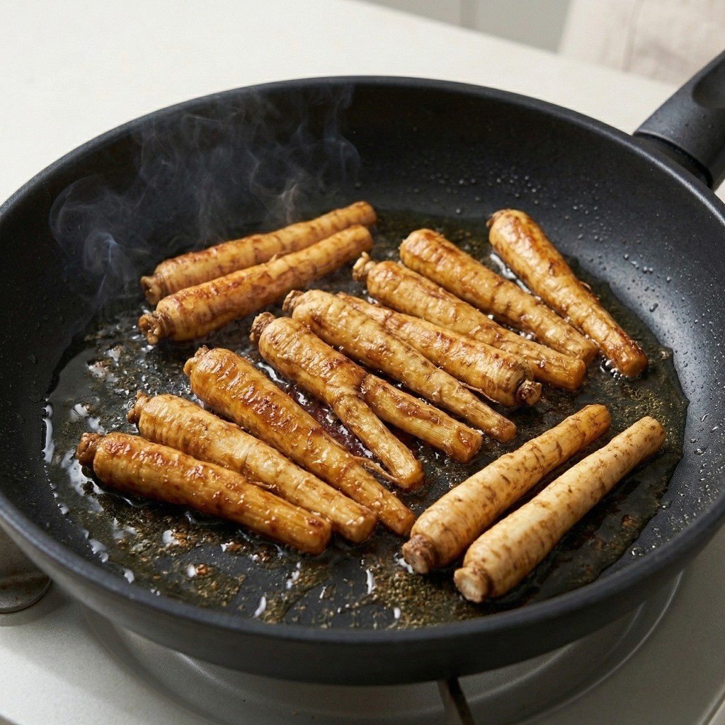 마라 더덕 볶음 만들기 3단계: 식용유를 두른 프라이팬에 손질한 더덕을 노릇노릇하게 굽는 조리 과정