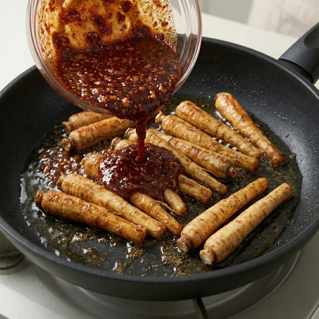 마라 더덕 볶음 만들기 4단계: 구운 더덕에 마라 양념장을 붓고 졸이듯 볶아 맛을 내는 과정