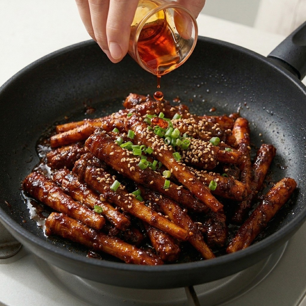 마라 더덕 볶음 만들기 5단계: 완성된 마라 더덕 볶음에 화조유(산초 기름)를 곁들여 얼얼한 풍미를 더하는 마무리 모습