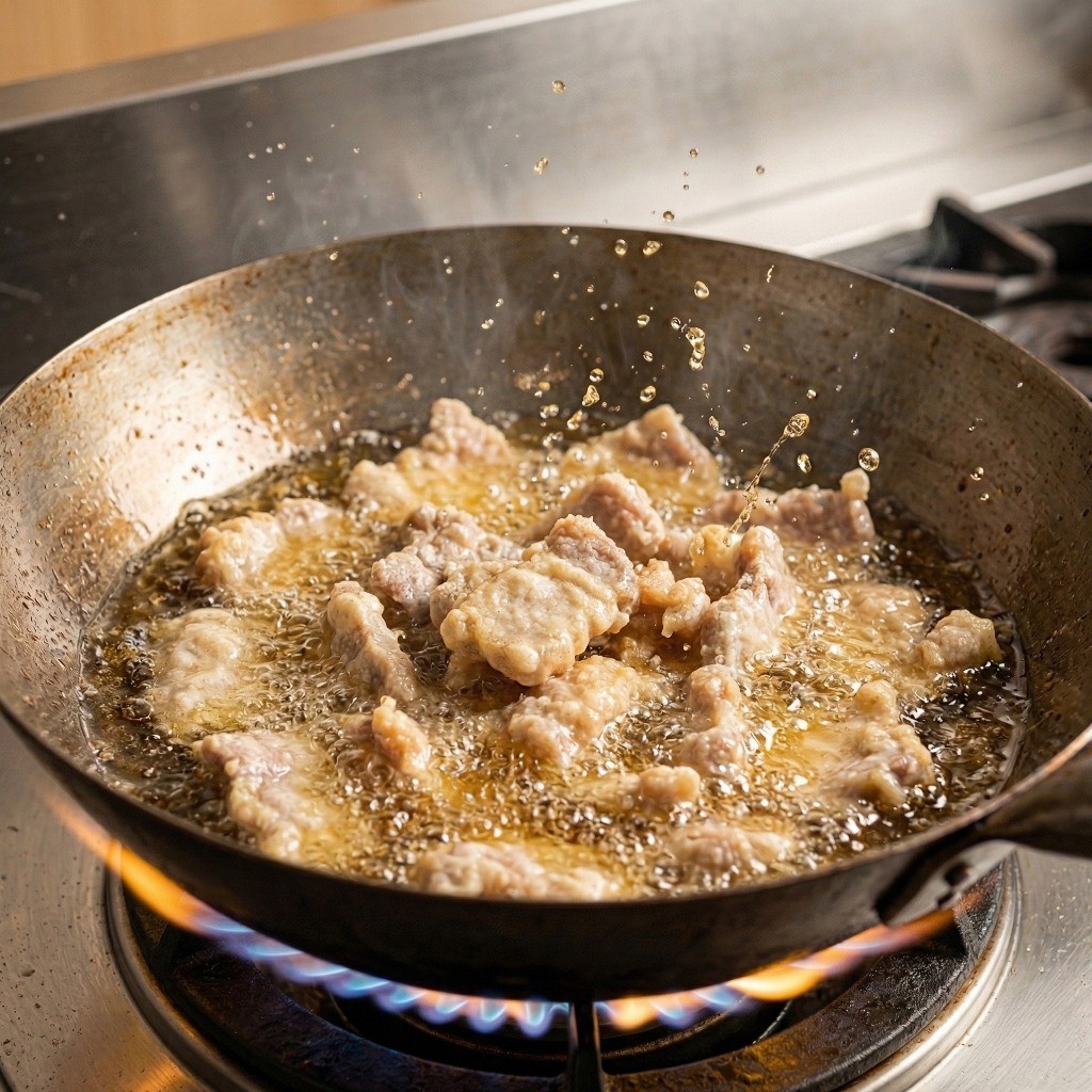 기름 솥에서 노릇노릇하게 두 번 튀겨내어 바삭함을 극대화하는 탕수육 튀김