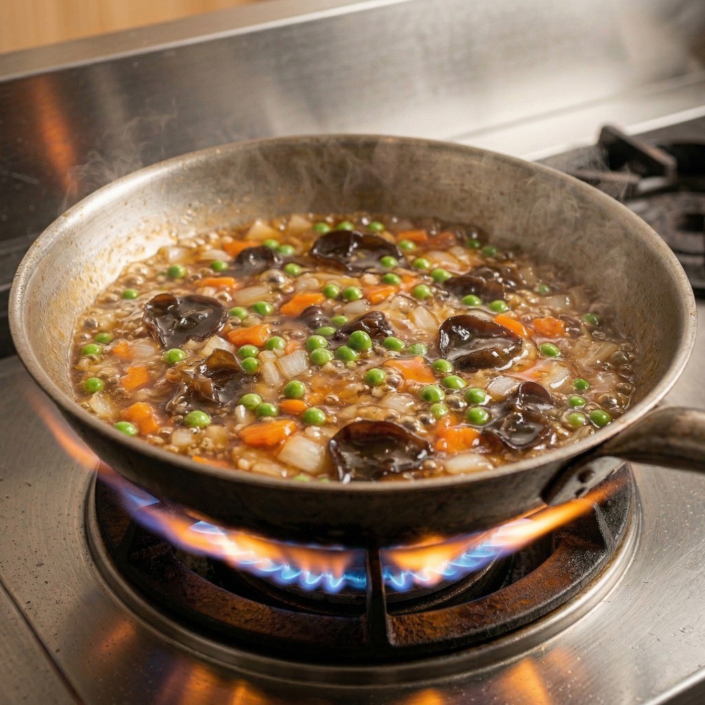 완두콩, 목이버섯, 당근 등 화려한 채소가 어우러진 정통 탕수육 소스 완성 모습