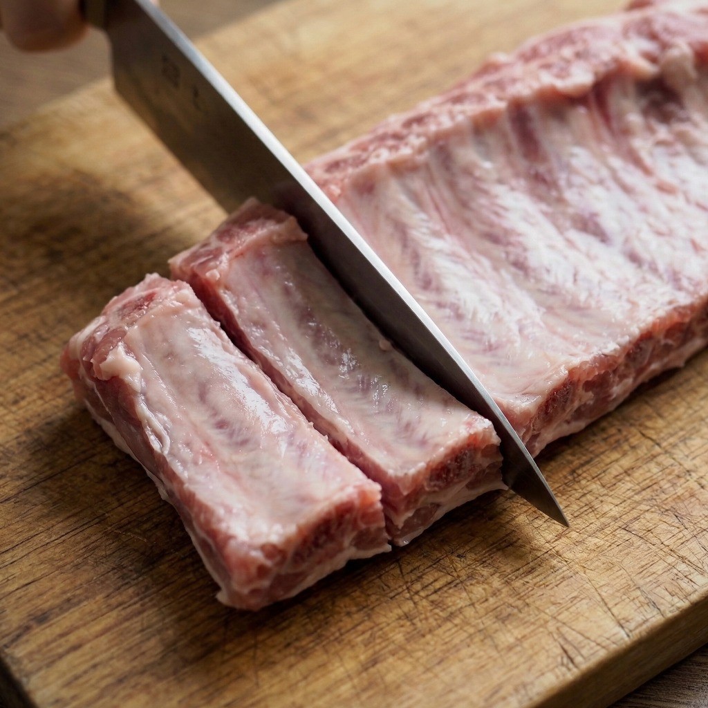 이연복 분정갈비 레시피 1단계: 도마 위에서 돼지 등갈비를 뼈 사이로 자르는 손질 과정