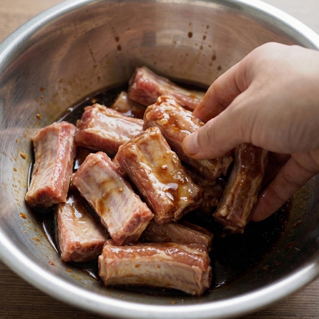 이연복 분정갈비 레시피 2단계: 손질한 돼지 등갈비에 간장, 맛술 등 특제 소스로 양념하는 과정