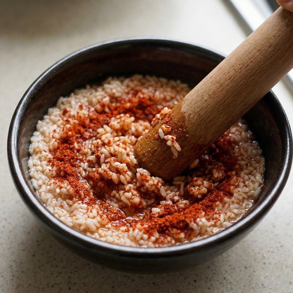 이연복 분정갈비 레시피 3단계: 불린 찹쌀에 고춧가루를 섞어 밀대로 굵직하게 으깨는 과정