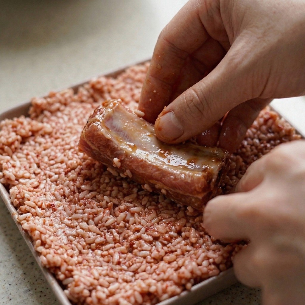 이연복 분정갈비 레시피 4단계: 양념된 돼지 등갈비에 으깬 찹쌀을 골고루 묻혀 코팅하는 과정