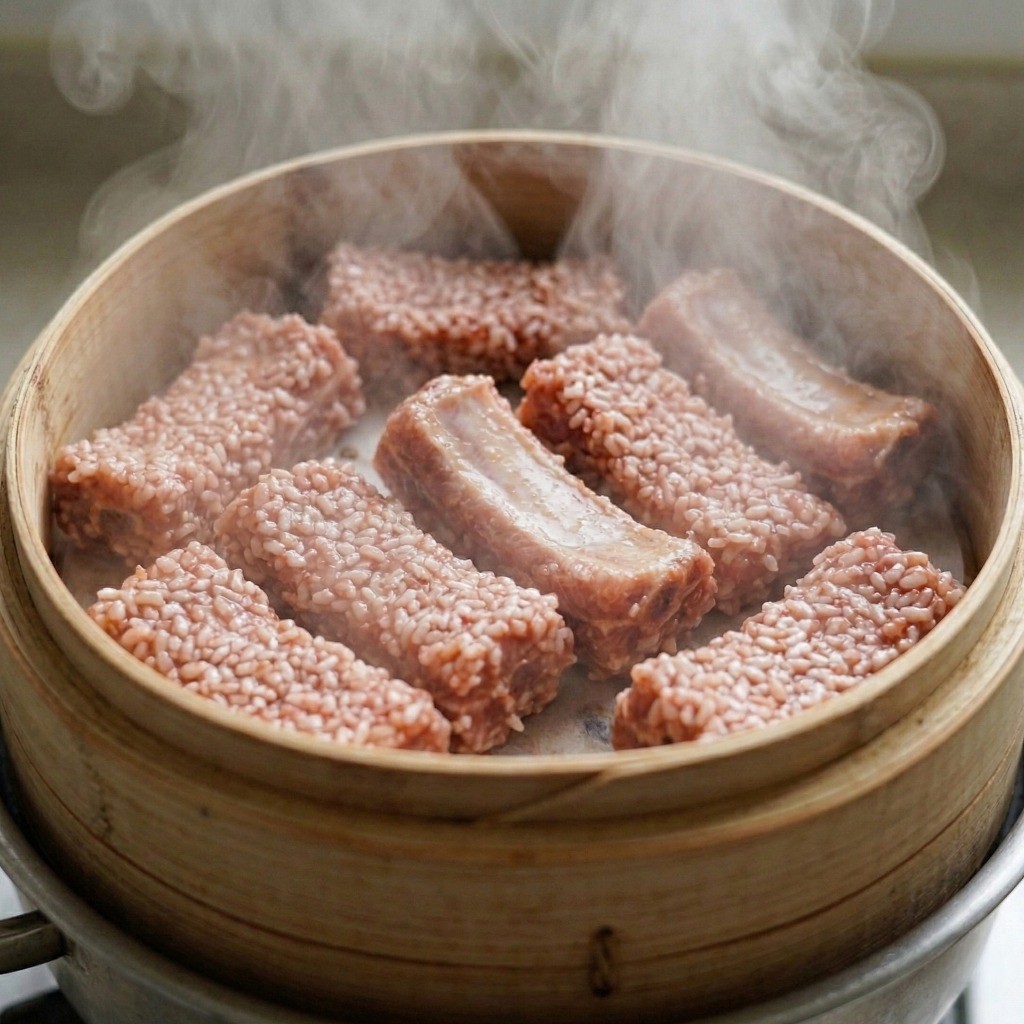 이연복 분정갈비 레시피 5단계: 대나무 찜기에서 15분간 촉촉하게 쪄지고 있는 찹쌀 등갈비찜