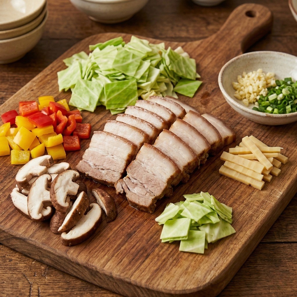 회과육 버거 재료 손질 - 삶은 삼겹살과 채소 썰기