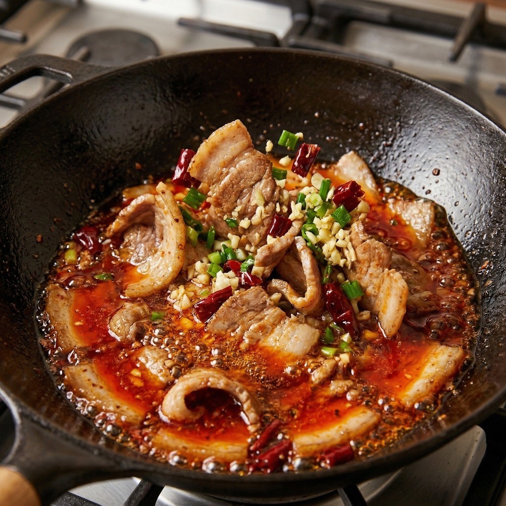 고추기름에 파, 마늘, 삶은 삼겹살 볶기