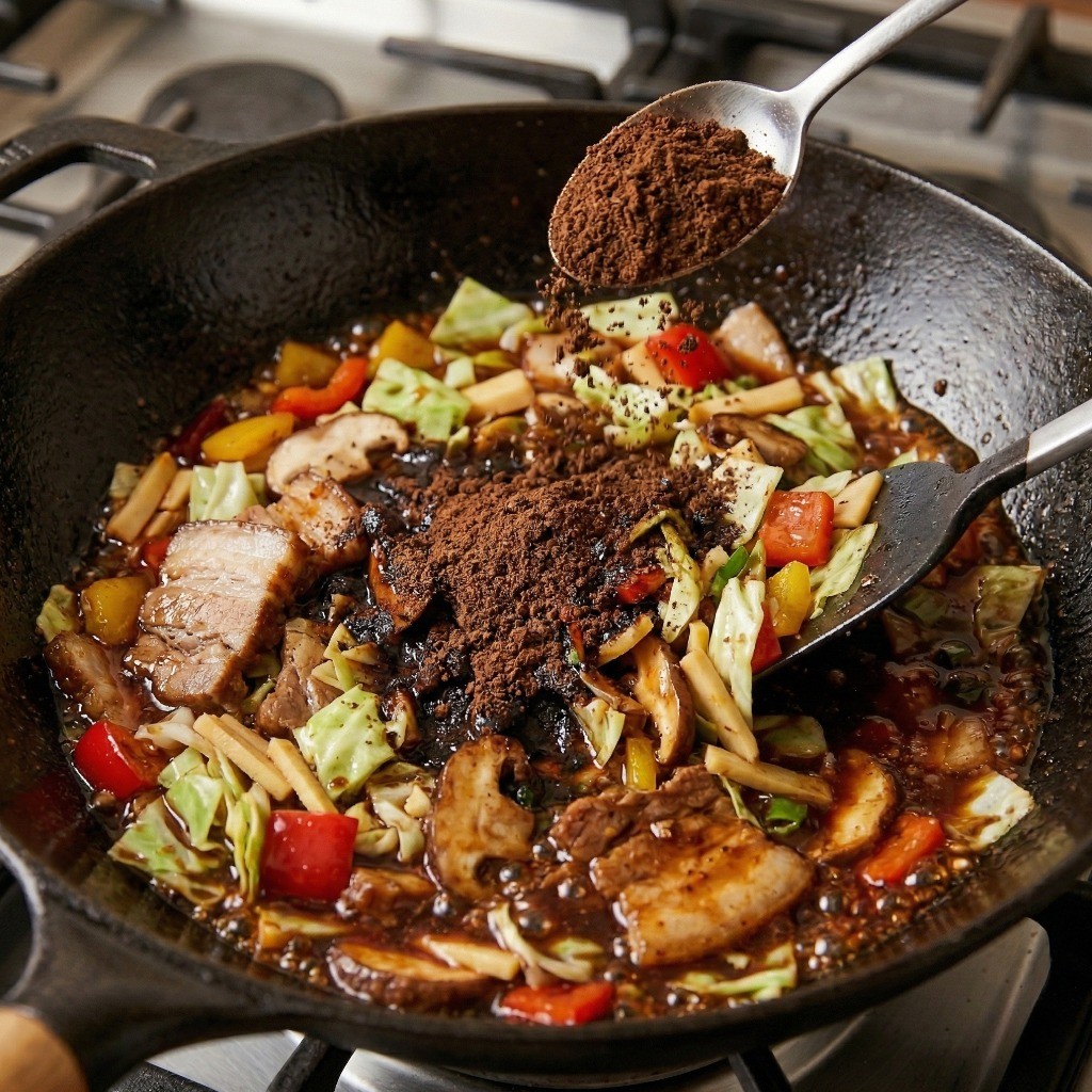 회과육 양념하기 - 채소와 짜장분말, 굴소스 넣고 볶기