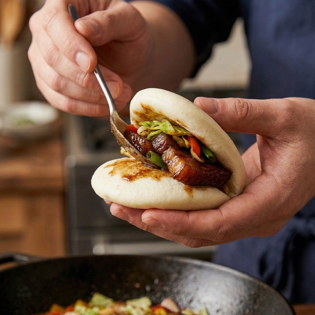 꽃빵에 매콤달콤한 회과육을 듬뿍 채운 회과육 버거 완성