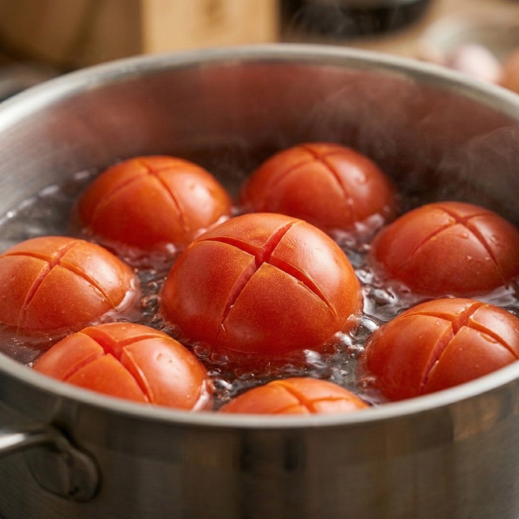 토마토 달걀 볶음 레시피 1단계: 토마토 십자 칼집 내고 데쳐서 껍질 벗기기