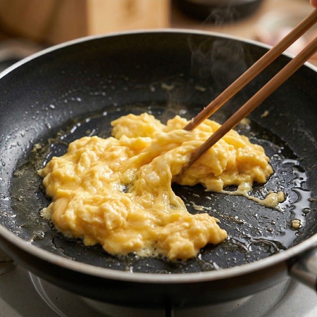 토마토 달걀 볶음 레시피 3단계: 센 불에서 촉촉하고 부드럽게 스크램블 에그 만들기