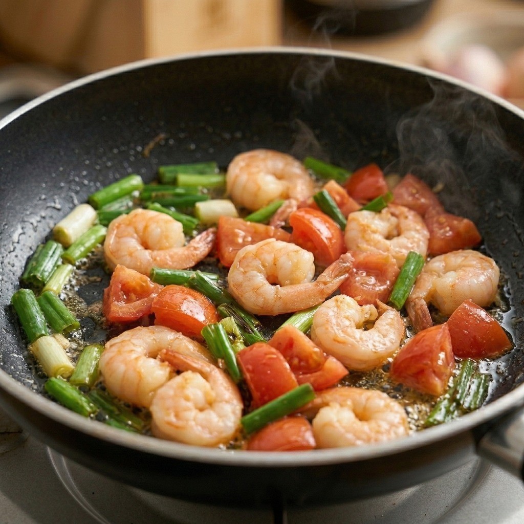 토마토 달걀 볶음 레시피 4단계: 파기름에 새우와 손질한 토마토 볶기