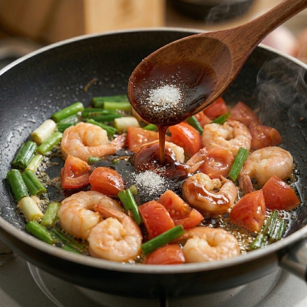 토마토 달걀 볶음 레시피 5단계: 굴소스, 간장, 설탕으로 이연복 황금 비율 양념하기