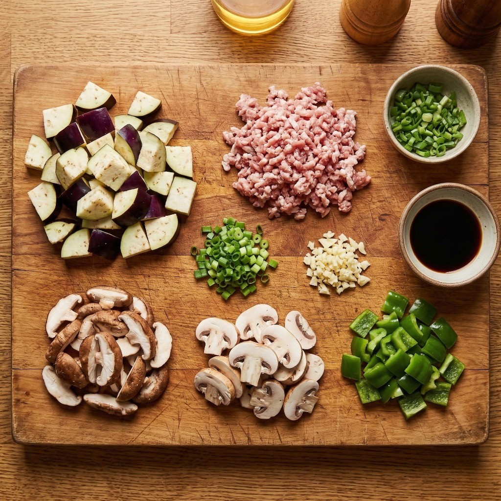 이연복 어향가지볶음 레시피 1단계: 가지, 대파, 마늘, 피망, 버섯 등 신선한 재료 손질 과정