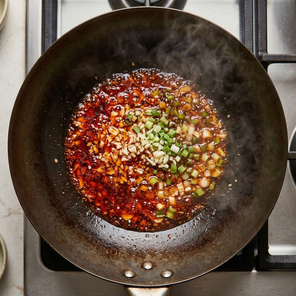 어향가지 레시피 3단계: 프라이팬에 고추기름을 두르고 다진 대파와 마늘을 볶아 파기름 향을 내는 모습