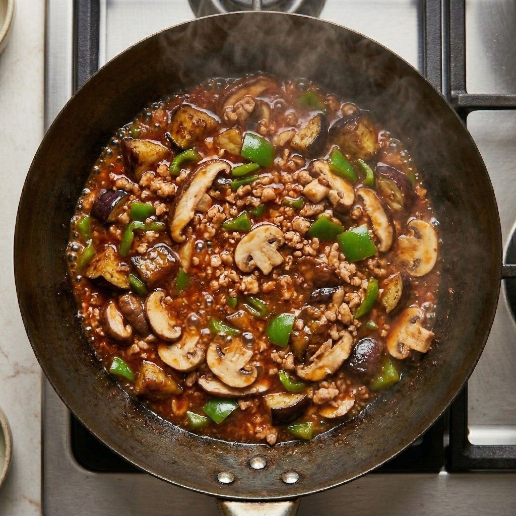 어향가지볶음 레시피 6단계: 완성된 소스에 구운 가지와 피망, 버섯을 넣고 촉촉하게 끓이는 과정