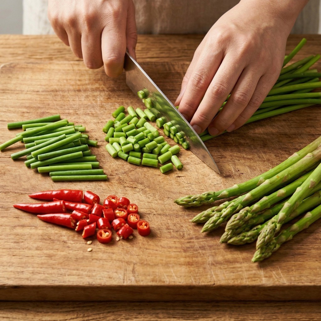파리머리볶음 재료 준비 - 마늘쫑, 아스파라거스, 물밤 등 채소를 1~2cm 크기로 잘게 썬 모습