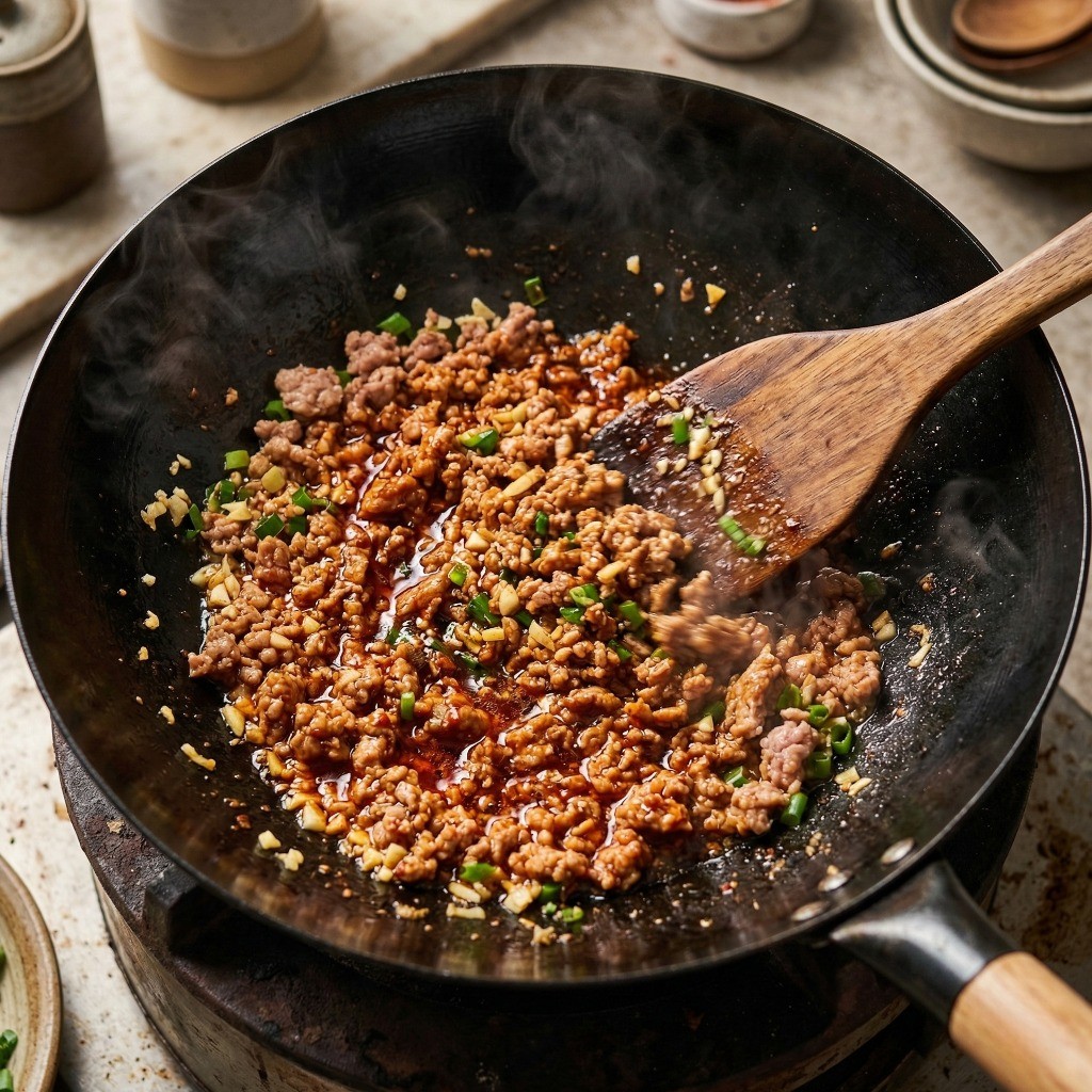 창잉터우 고기 볶기 - 고추기름에 돼지고기 다짐육, 다진 파, 마늘을 노릇하게 볶는 과정