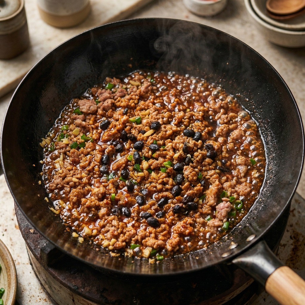 파리머리볶음 양념하기 - 볶은 돼지고기에 간장, 굴소스, 두시 콩을 넣고 감칠맛 나게 졸이는 모습