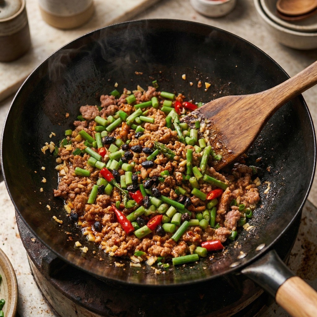 이연복 대만식 파리머리볶음 완성 단계 - 양념된 고기에 마늘쫑, 아스파라거스를 넣고 센 불에 빠르게 볶아내는 모습