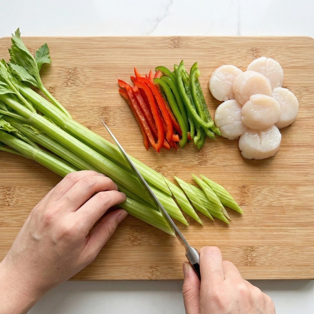 키조개 관자와 샐러리를 얇게 슬라이스하여 손질하는 관자 샐러리 냉채 요리 과정