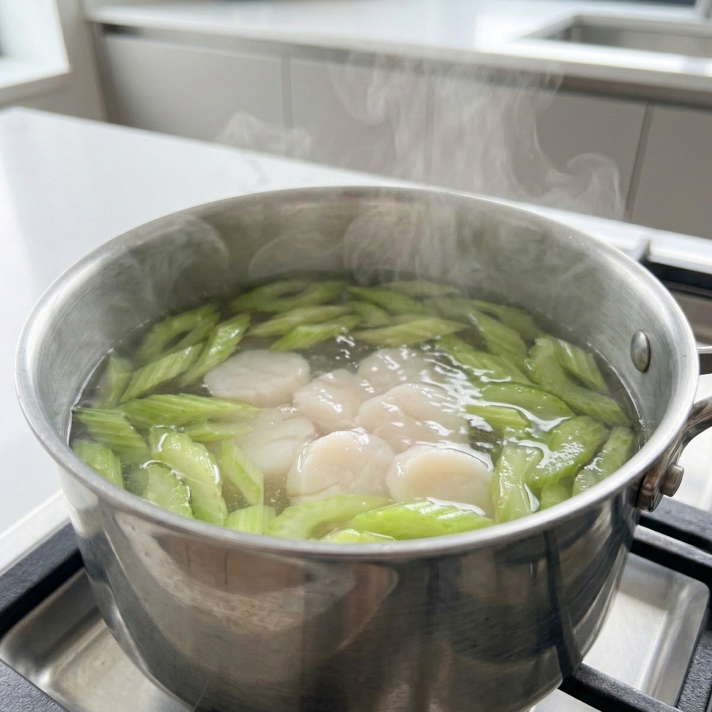 손질한 샐러리와 키조개 관자를 끓는 물에 살짝 데치는 과정