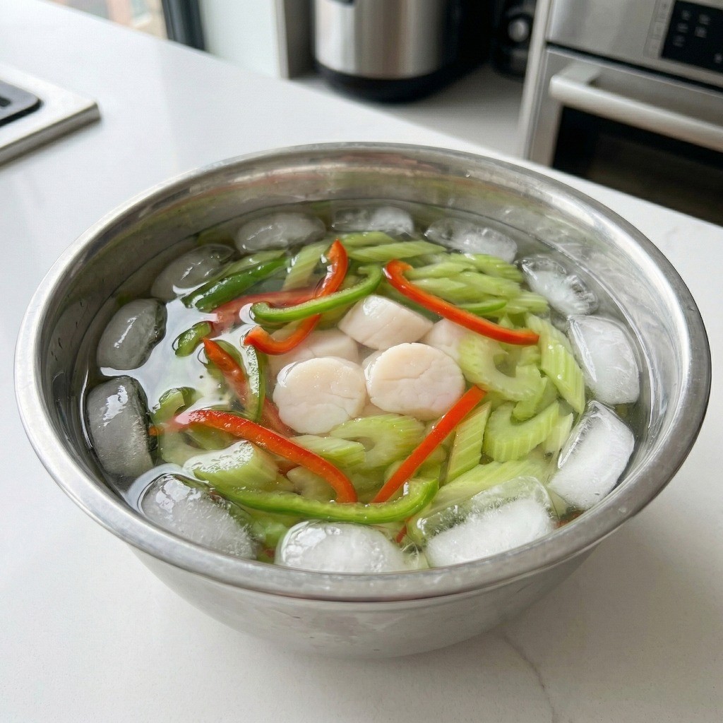 데친 샐러리와 관자를 얼음물에 헹궈 아삭한 식감을 살리는 과정