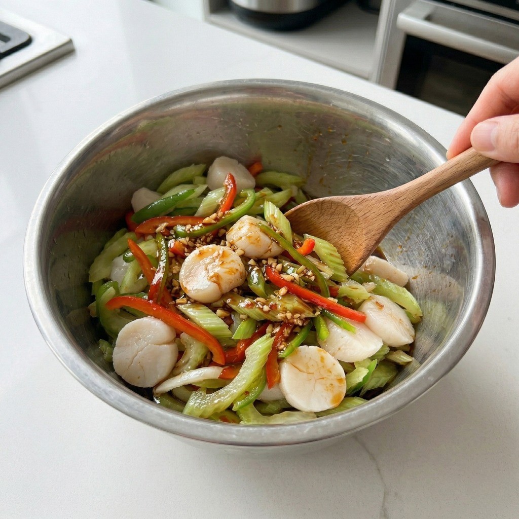 데친 재료와 특제 소스를 넓은 볼에 담고 고루 버무려 완성하는 관자 샐러리 냉채