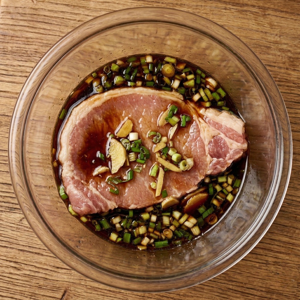 이연복 중식 돈까스 만들기 2단계: 손질된 돼지고기 등심에 특제 간장 굴소스 양념 버무리기