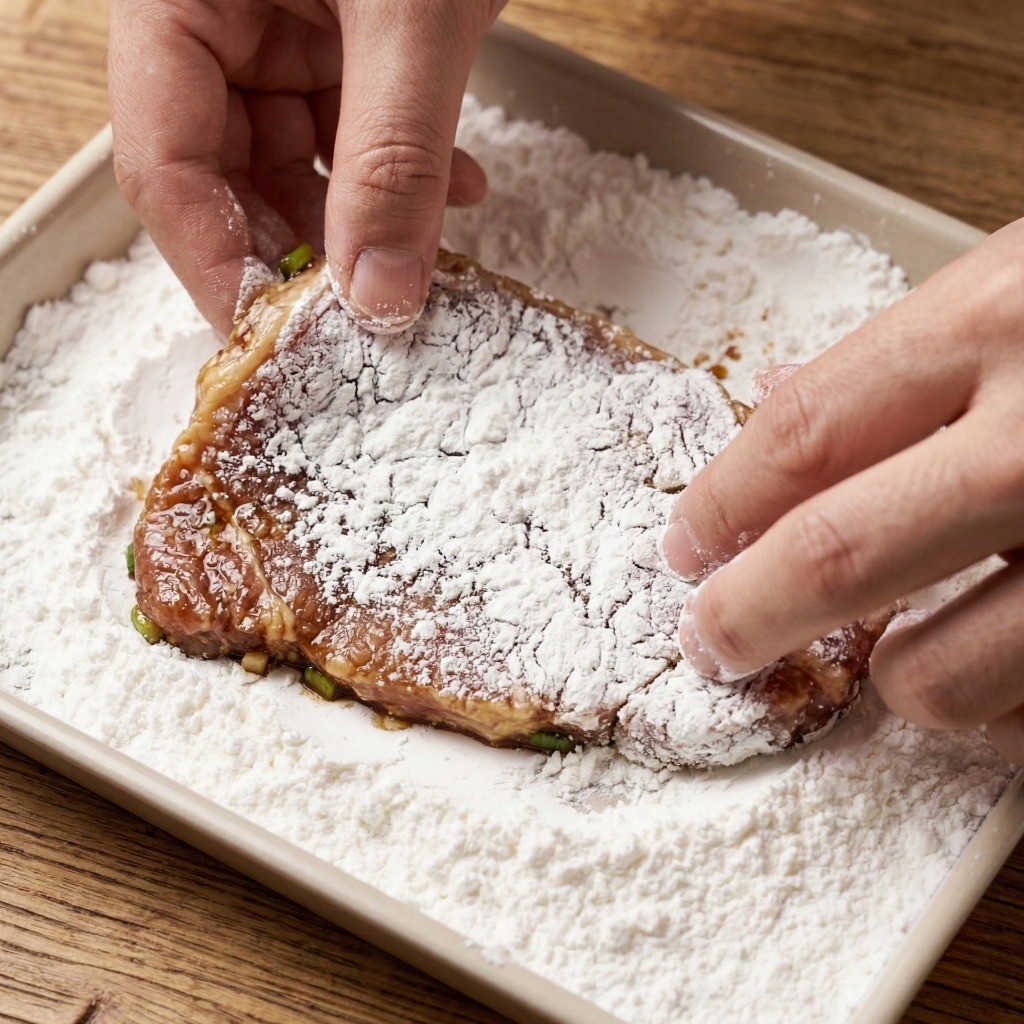 대만식 파이구 비법 3단계: 양념된 돼지고기에 감자전분을 골고루 묻혀 바삭한 튀김옷 입히기