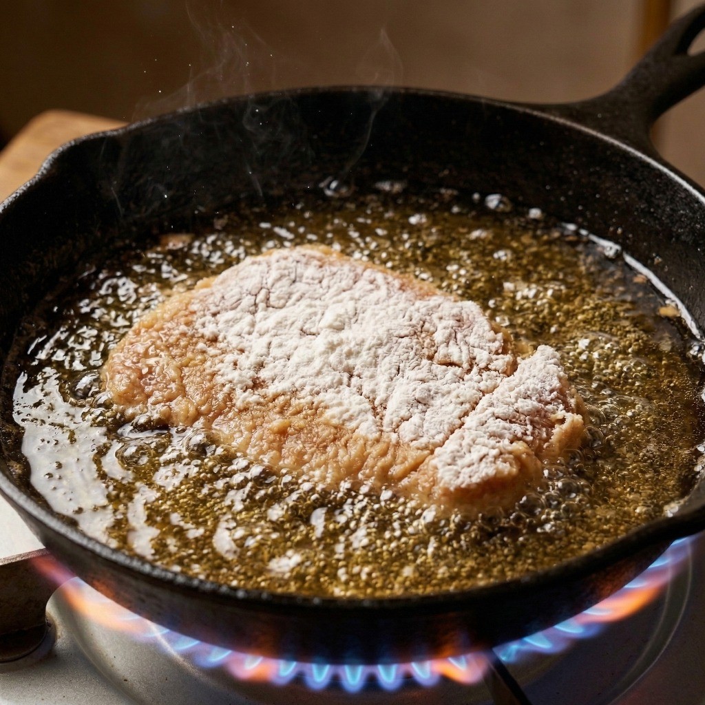 이연복 돈까스 레시피 4단계: 170도 예열된 기름에 전분 묻힌 고기를 노릇하고 바삭하게 튀겨내는 모습