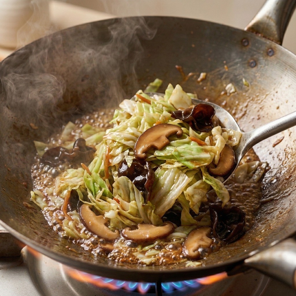 중식 돈까스 야채 소스 만들기 5단계: 파기름에 양배추, 버섯을 볶고 물전분으로 농도를 맞춘 소스