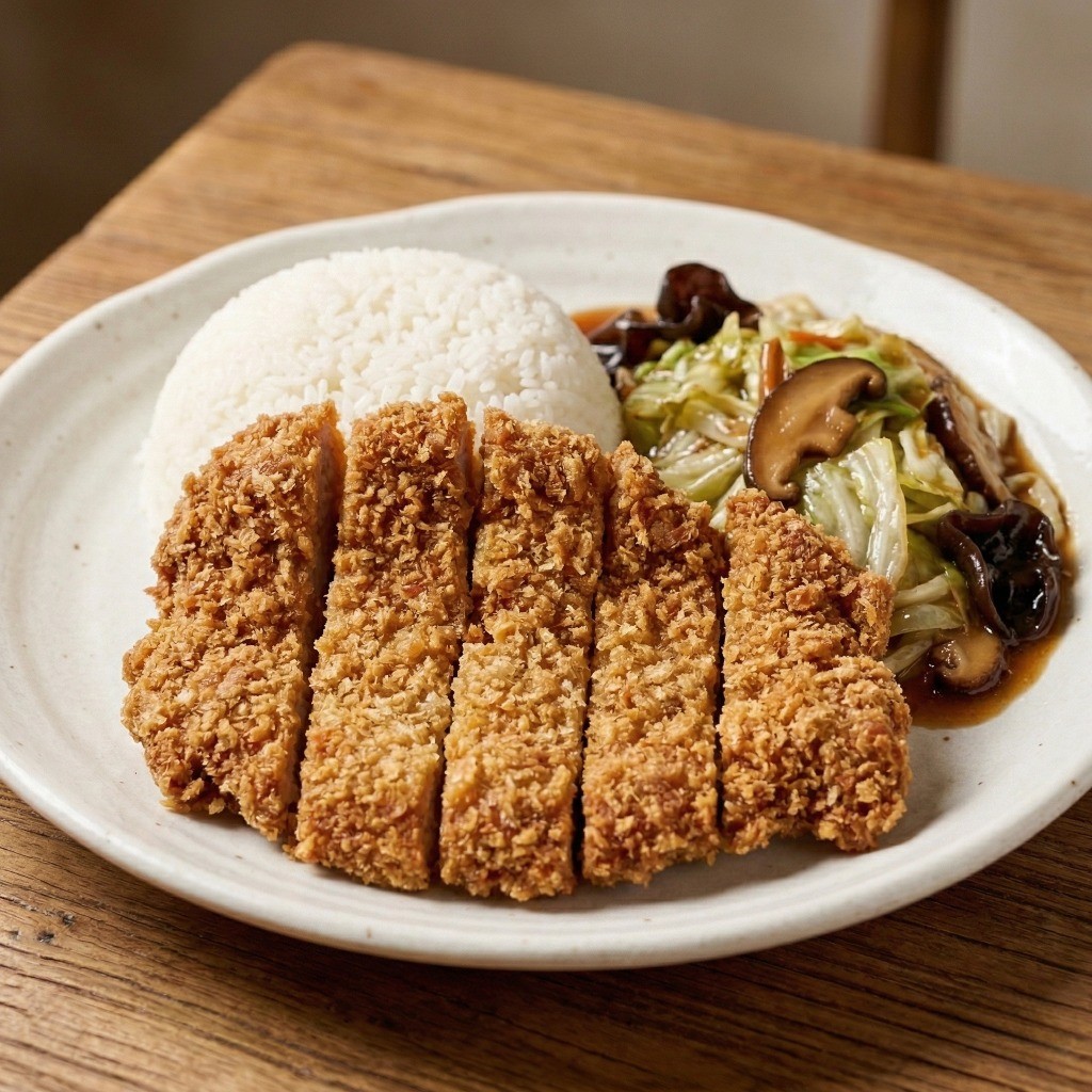 이연복 셰프 중식 돈까스 최종 완성: 밥 위에 바삭한 파이구와 덮밥 소스를 곁들인 먹음직스러운 플레이팅