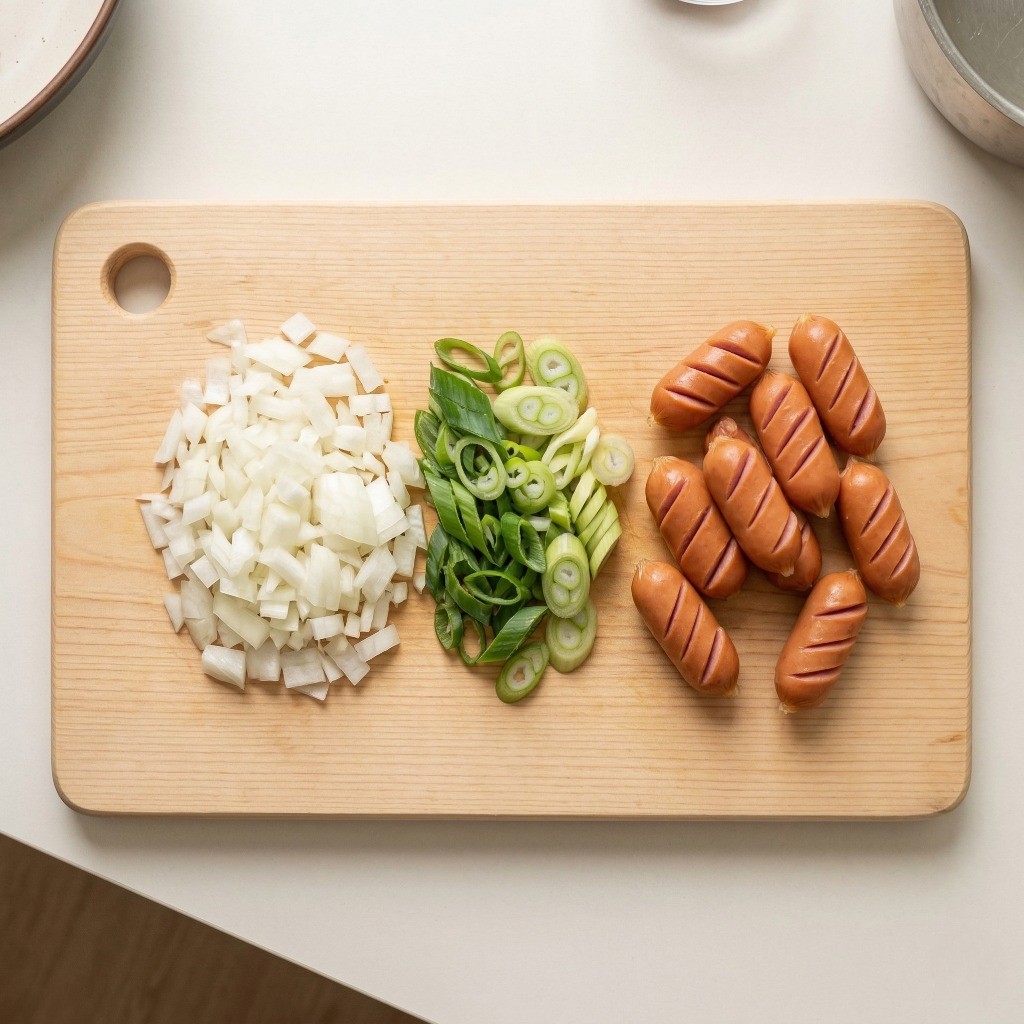 마라 로제 떡볶이 재료 손질 - 양파 다지기, 파 썰기, 소시지 칼집 내기