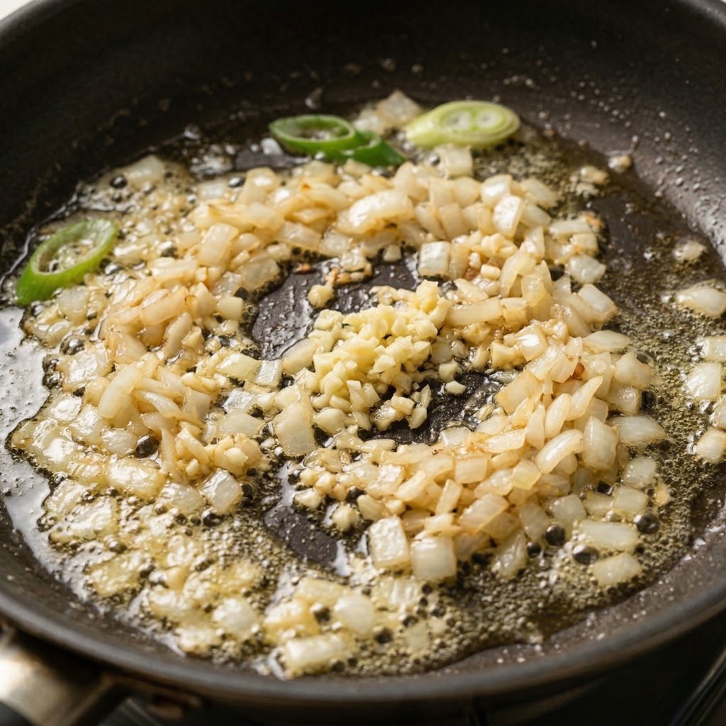 마라 로제 떡볶이 파기름 내기 - 팬에 무가염 버터와 파, 다진 마늘을 볶고 다진 양파 카라멜라이징 하기