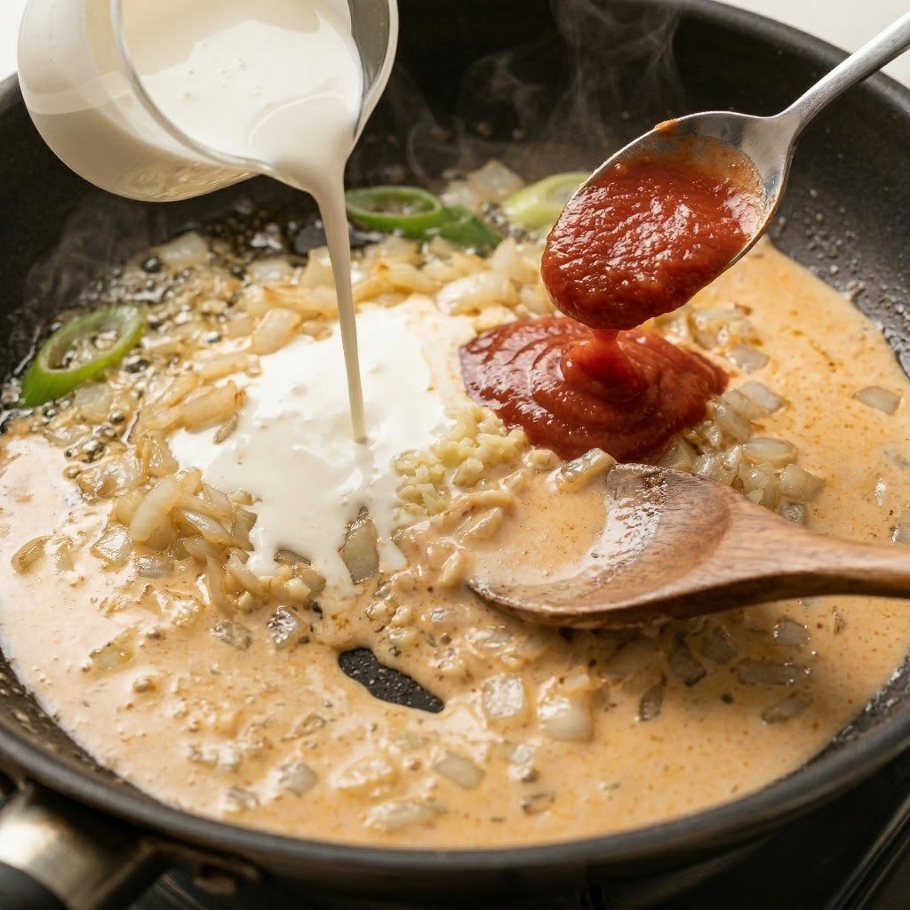 마라 로제 떡볶이 로제 베이스 만들기 - 볶은 채소에 생크림과 토마토소스를 넣고 섞는 모습