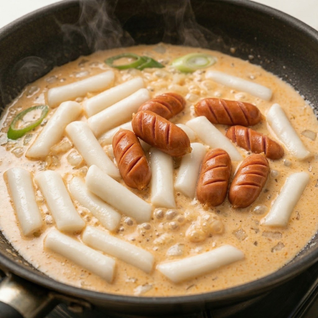 마라 로제 떡볶이 재료 끓이기 - 완성된 로제 소스에 굴소스, 밀떡, 비엔나소시지를 넣고 끓이는 모습