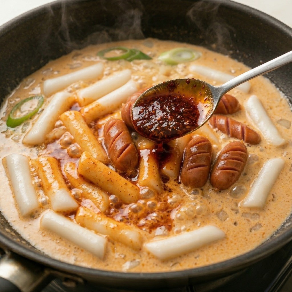 마라 로제 떡볶이 핵심 단계 - 끓는 떡볶이에 시판 마라 소스를 넣고 맵고 짠맛을 맞추며 저어주는 모습