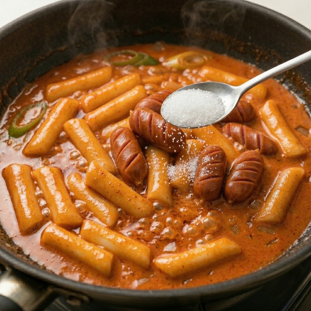 이연복 마라 로제 떡볶이 완성 단계 - 꾸덕하게 졸아든 떡볶이에 설탕을 넣고 파슬리 가루를 뿌려 마무리하는 모습