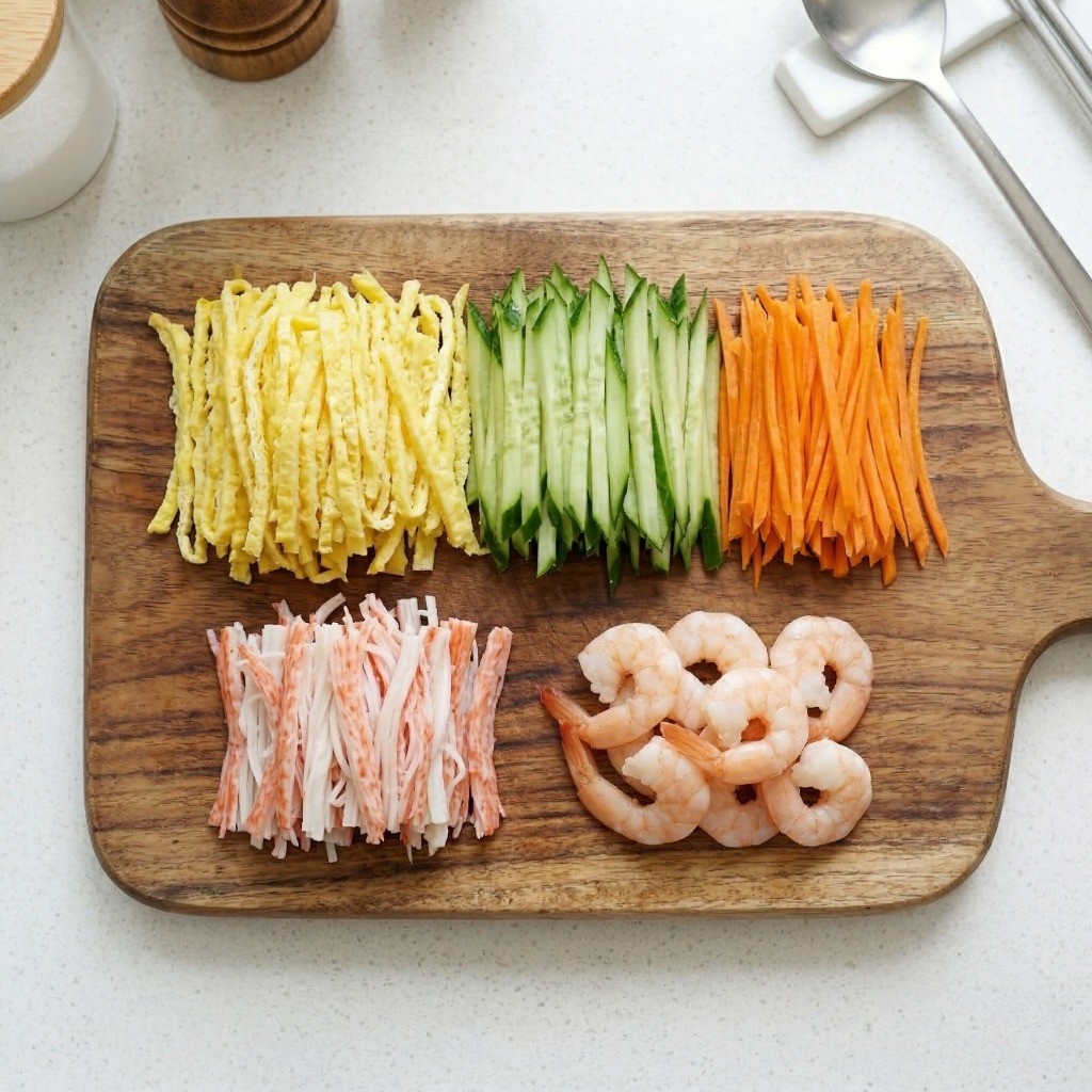 이연복 중화냉면 레시피 3단계: 계란 지단, 오이, 당근, 새우 등 알록달록한 고명 준비