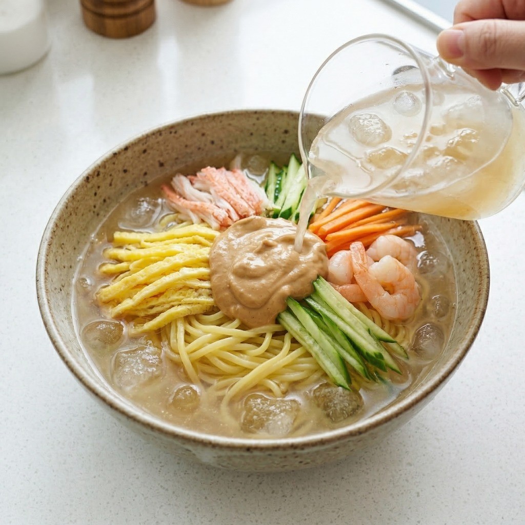 이연복 중화냉면 플레이팅: 시원한 얼음 육수와 땅콩버터, 각종 고명을 올린 먹음직스러운 모습