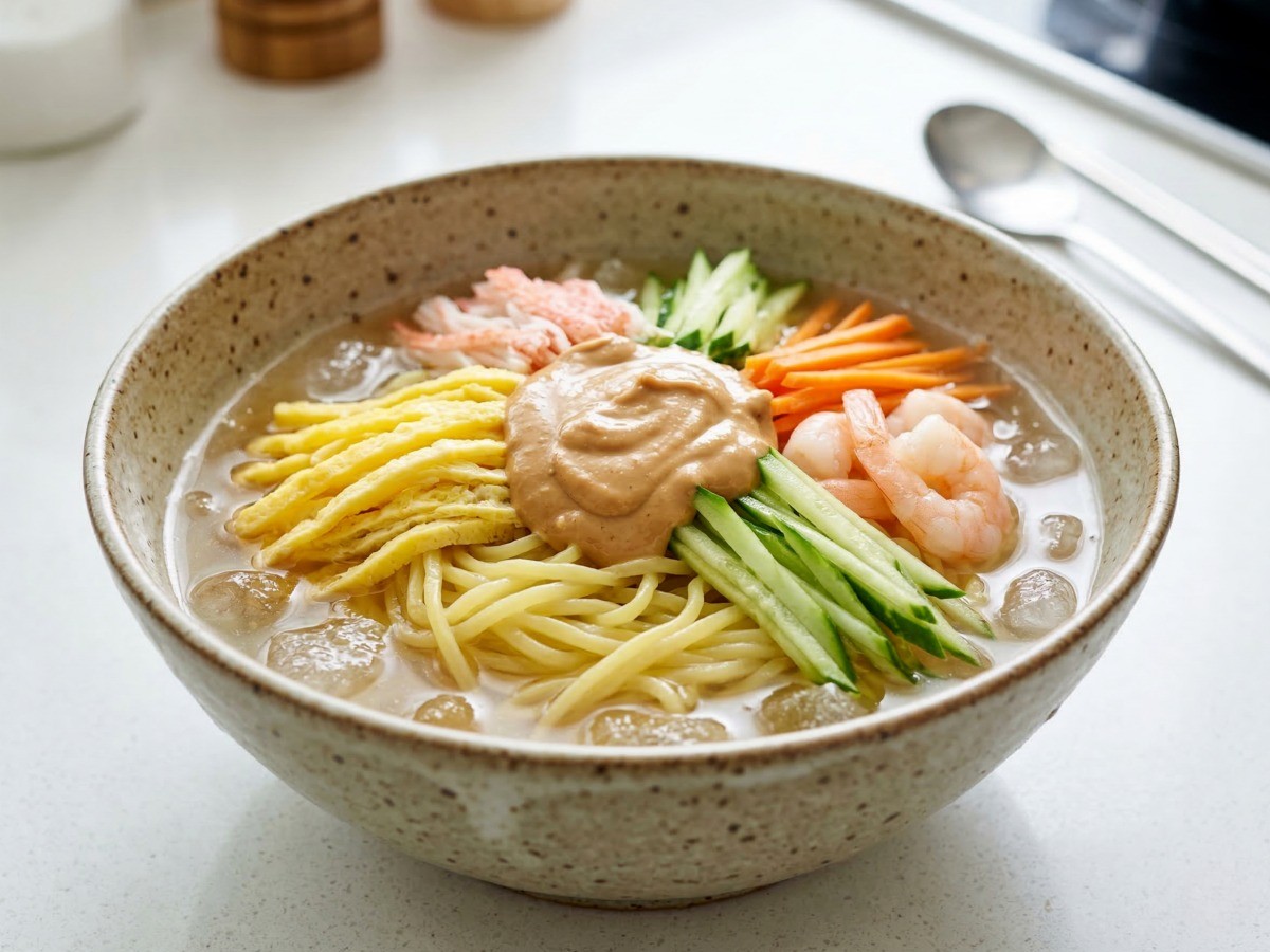 여름 별미 이연복 중화냉면 완성 사진: 시원한 치킨스톡 육수와 고소한 땅콩버터 소스의 조화