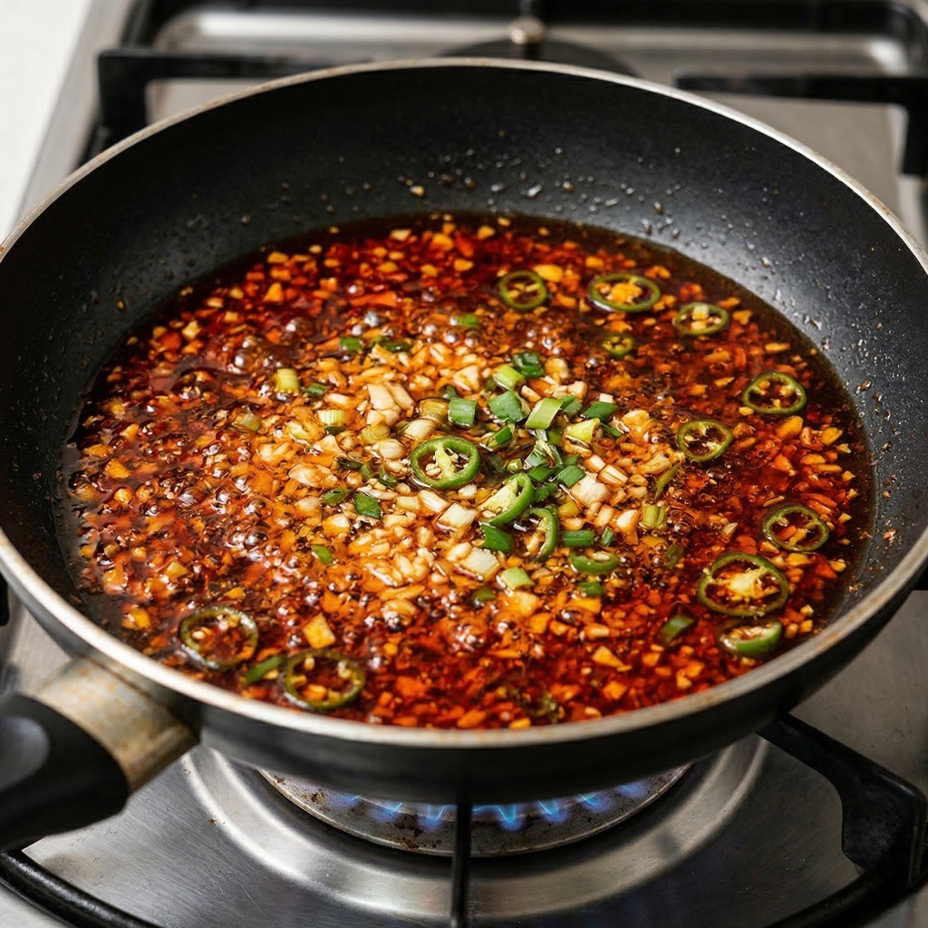 이연복 탄탄면 레시피 1단계 - 고추기름, 다진 마늘, 파, 청양고추로 파기름 내는법