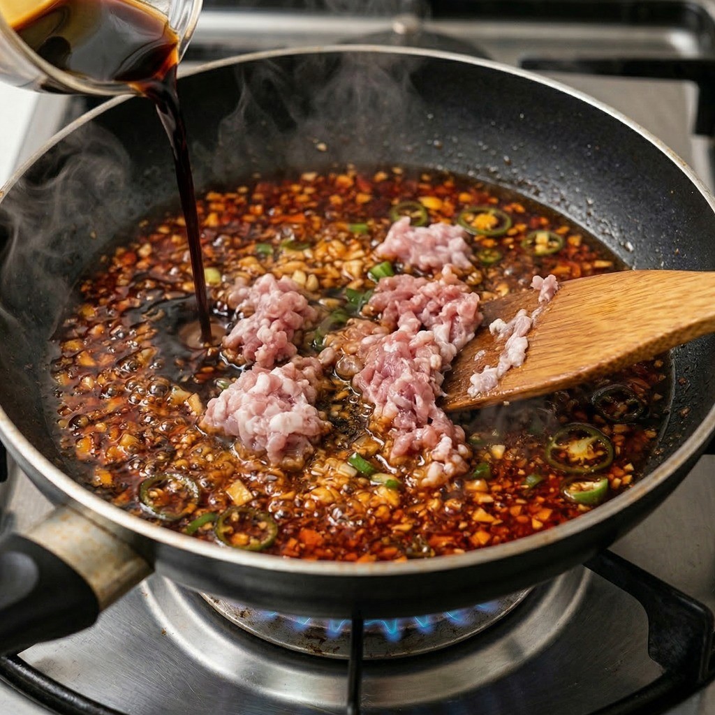 탄탄면 만들기 2단계 - 파기름에 진간장과 다진 돼지고기를 넣고 볶는 과정