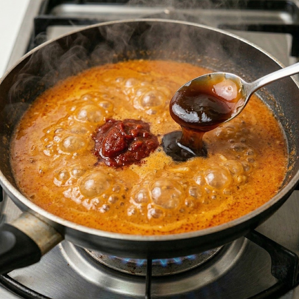 사천식 탄탄면 소스 만들기 4단계 - 두반장과 굴소스를 추가하여 진하게 끓이는 모습