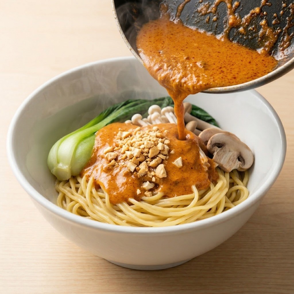 홈메이드 탄탄면 플레이팅 - 삶은 면에 땅콩 소스를 붓고 채소 고명을 올려 완성한 모습