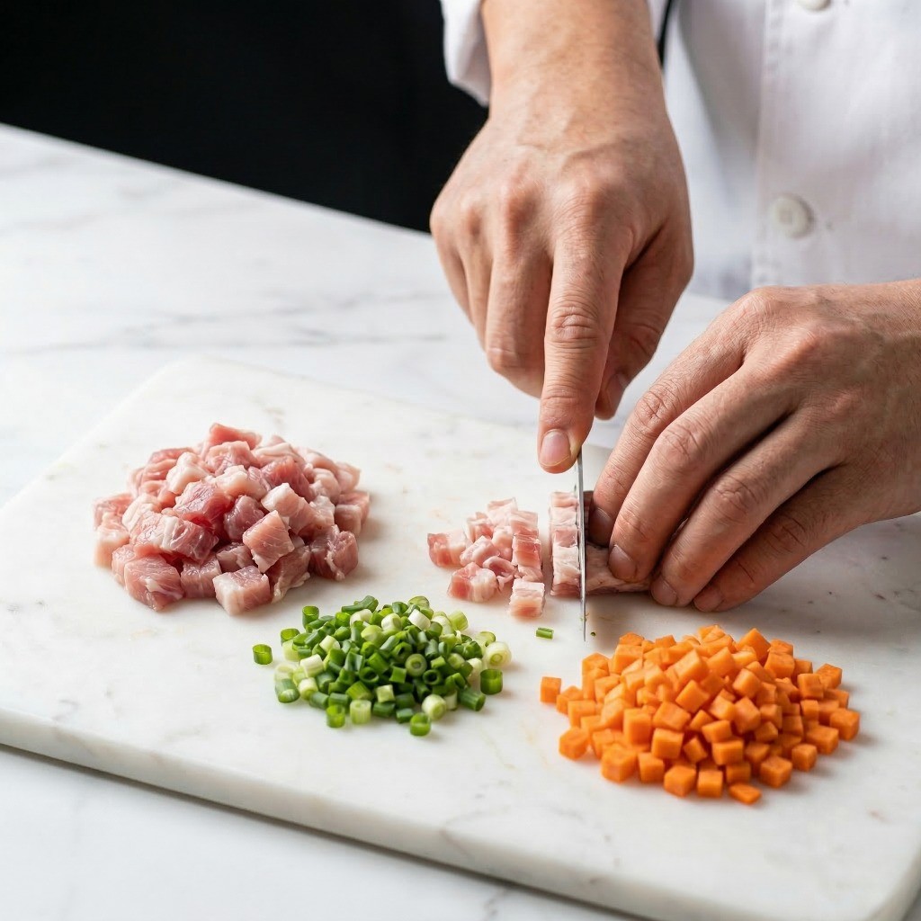 고기 볶음밥 재료 준비 - 잘게 다진 돼지고기와 채소 그리고 김을 뺀 즉석밥