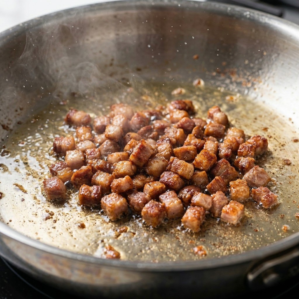 팬에서 돼지고기를 바짝 볶아 고소한 고기 기름을 만드는 과정